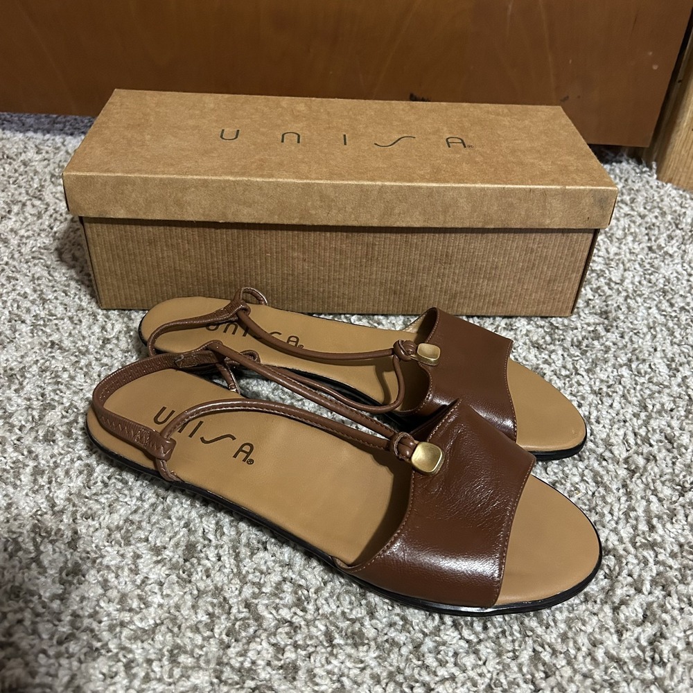 Vintage UNISA Women's Shoes Open Toe Size 8 Brown‎ Leather Upper - with Box